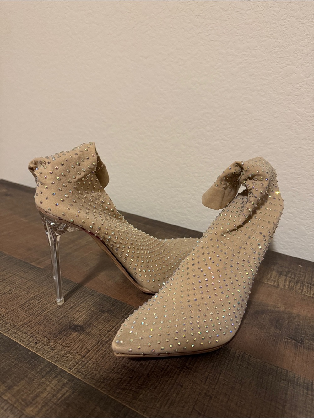 Rhinestone-Embellished Nude Sock Stiletto Heels with Clear Heel